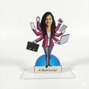 Personalized Female Multitasker Acrylic Caricature Photo Standee | Custom Real Face Superwoman Gift Plaque for Birthday, Anniversary & Promotion (5x8 Inches)